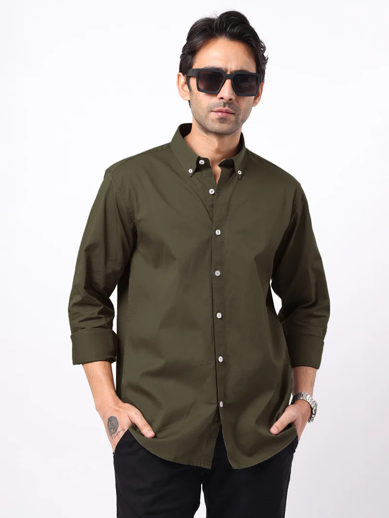 مانياك Maniac Mens Solid Collared Neck Full Sleeve Soft Twill Fabric Olive Shirt